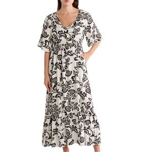 Area Stars Rosalee Midi Dress Medium Ivory Black Floral Viscose Ruffle Hem NWT